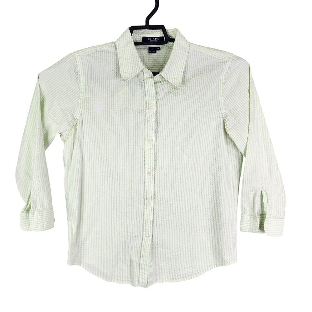 Womens Chaps Green & White Striped Shirt Button Down Long Sleeve Cotton Size M